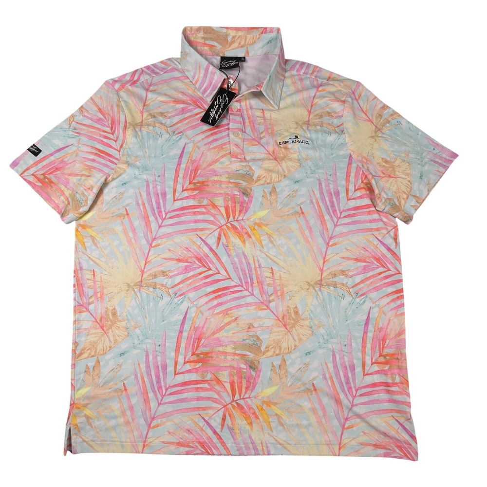 Sunday Swagger Polo Mens XL Pink Tropical Palm Leaf Esplanade Performance Golf